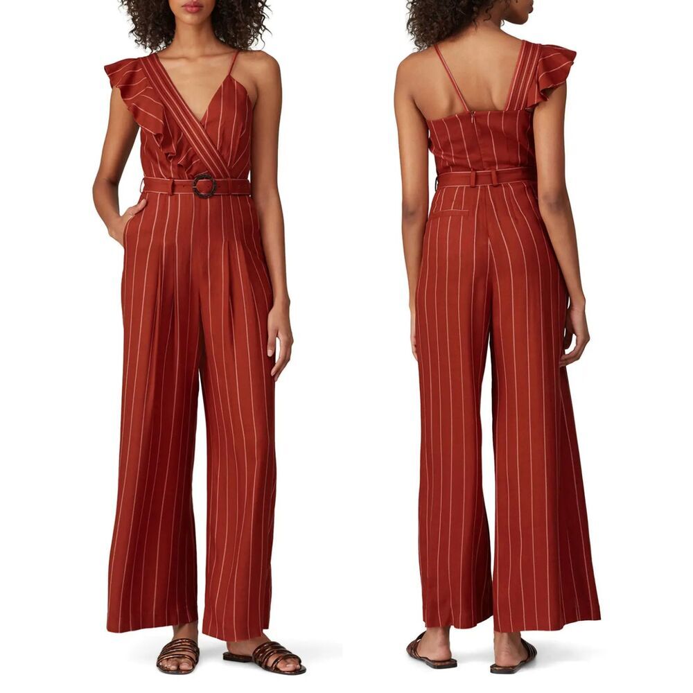 Three Floor Womens Margaux Burgundy‎ Striped Sleeveless Ruffle Jumpsuit Size 6